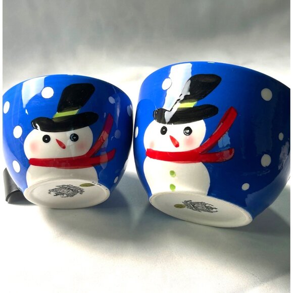 Mary Engelbreit Hand Painted Snowman Bowls Set 2 ND Blue White Polka Dot Winter - Picture 1 of 10